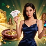 Sunwin casino gaming experience featuring a confident Asian woman holding casino app, rich gold and jewels.