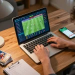 Sbo top sports betting setup with laptop showing live odds and strategies.