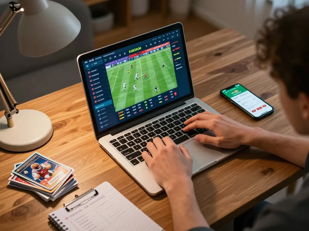 Sbo top sports betting setup with laptop showing live odds and strategies.