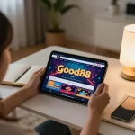 Player engaging with Good88 casino app on tablet while reviewing strategy notes at home