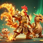 PANGKALANSLOT features a dynamic scene with a rooster warrior, dragon hatchling, and fortune cat in a vibrant casino setting.