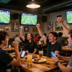 Xem tỷ số bongdalu in an energetic sports bar setting while fans celebrate live matches.