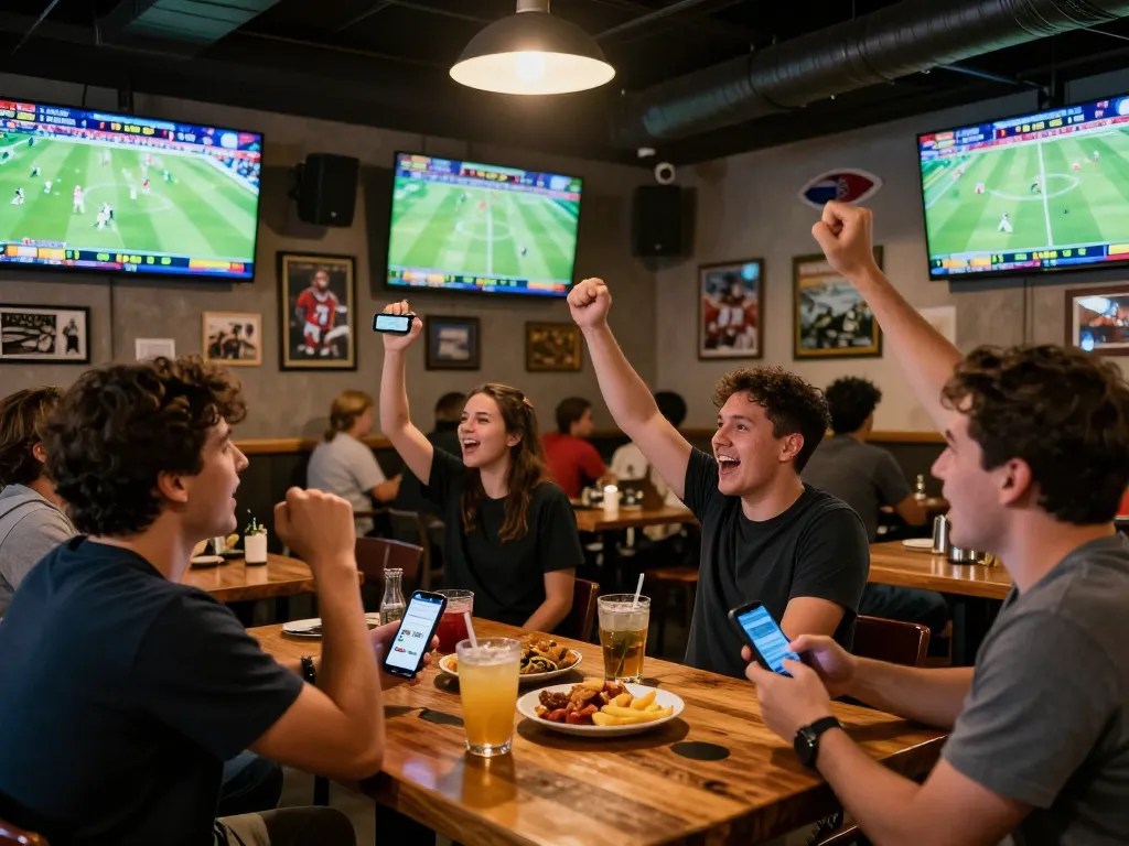 Xem tỷ số bongdalu in an energetic sports bar setting while fans celebrate live matches.