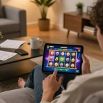 Player engaging with Nhà cái MIG8 online slots in a cozy home setting with betting notes