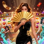Zbet's glamorous Asian casino scene showcasing slot reels amidst sparkling elements and festive decor.