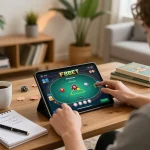 Engaged player enjoying F8BET poker game on a tablet in a cozy home setting