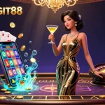 NAGALANGIT88 showcases an elegant scene with a glamorous Asian woman playing casino games amidst dynamic gambling elements.