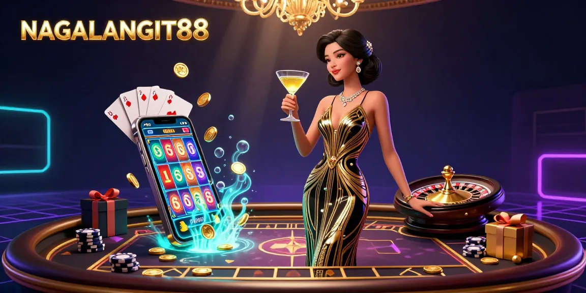 NAGALANGIT88 showcases an elegant scene with a glamorous Asian woman playing casino games amidst dynamic gambling elements.