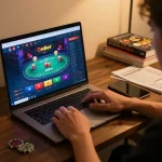 Engaging scene of a player using OnBet for online casino games, showcasing strategic gameplay in a cozy environment.
