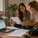 Couple discussing how to cancel my timeshare in a cozy living room with paperwork spread out.