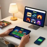 Engaging home gaming scene featuring i9bet đăng nhập on a tablet, showcasing online casino excitement.