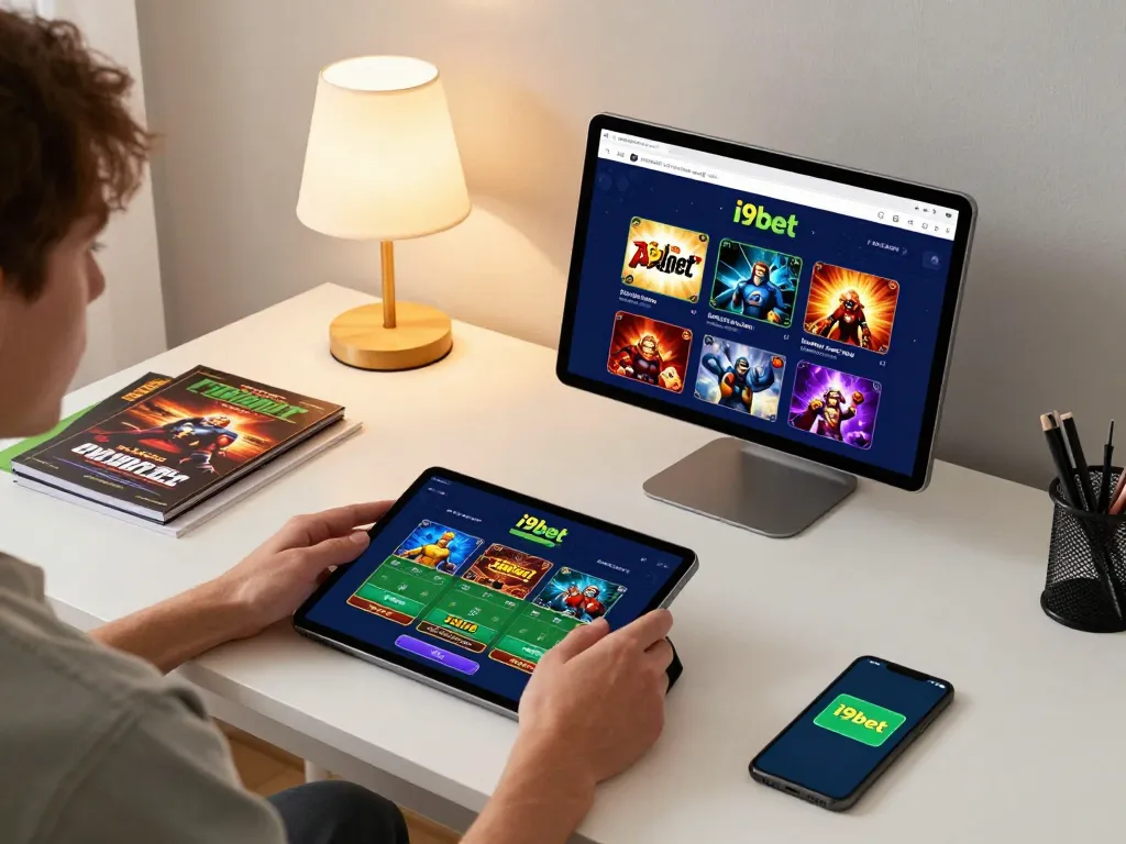 Engaging home gaming scene featuring i9bet đăng nhập on a tablet, showcasing online casino excitement.