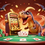 SUNWIN casino experience as a dinosaur interacts with a slot machine, creating an exciting jackpot scene.