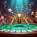 Engage with okfun's thrilling casino world as a steampunk spider captures dice in a colorful poker web.