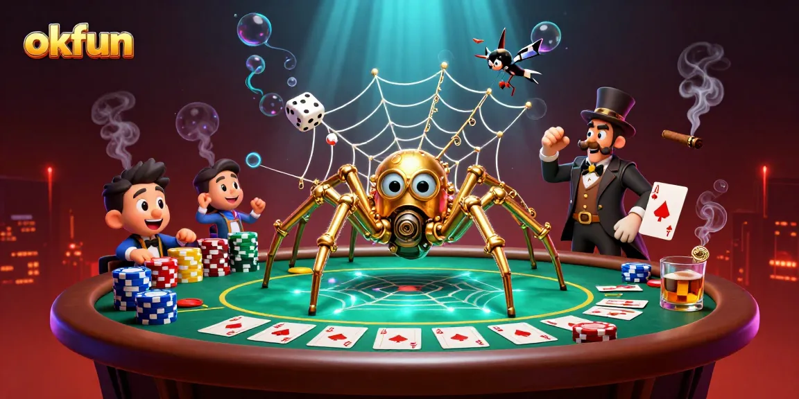 Engage with okfun's thrilling casino world as a steampunk spider captures dice in a colorful poker web.