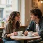 Youthful couple sharing a moment over coffee, suggesting feelings of a crush on someone special in a cozy café scene.
