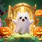 Play thrilling casino games at aq999 with vibrant illustrations of a ghost cat, bat, and glowing treasures.