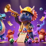 Playful scene with motphim characters celebrating as they build a poker chip pyramid amidst exciting gaming elements.