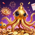 Engage with the vibrant gg88 gaming world featuring golden kraken amidst coins and casino elements.