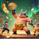 Experience the thrilling GO88 gaming adventure with a cartoon beetle champion amidst gold coins and vibrant casino elements.