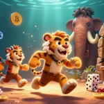 Experience the thrills of a non uk licensed casino with cavemen and crypto coin elements in a vibrant scene.