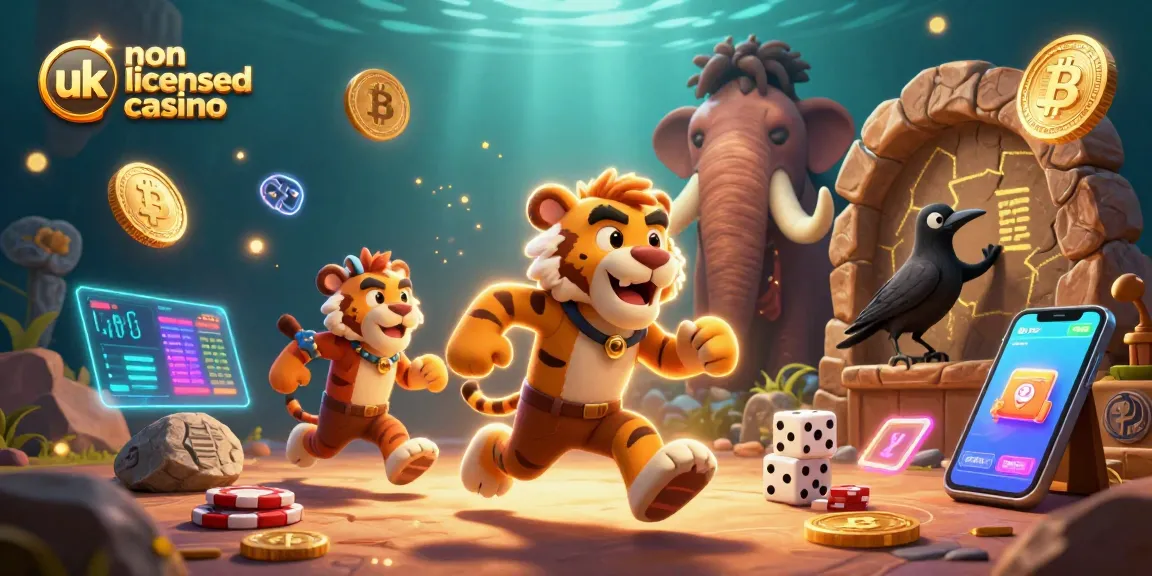Experience the thrills of a non uk licensed casino with cavemen and crypto coin elements in a vibrant scene.