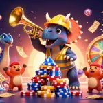 Engaging mb66 scene with triceratops and colorful casino elements celebrating gaming wins.