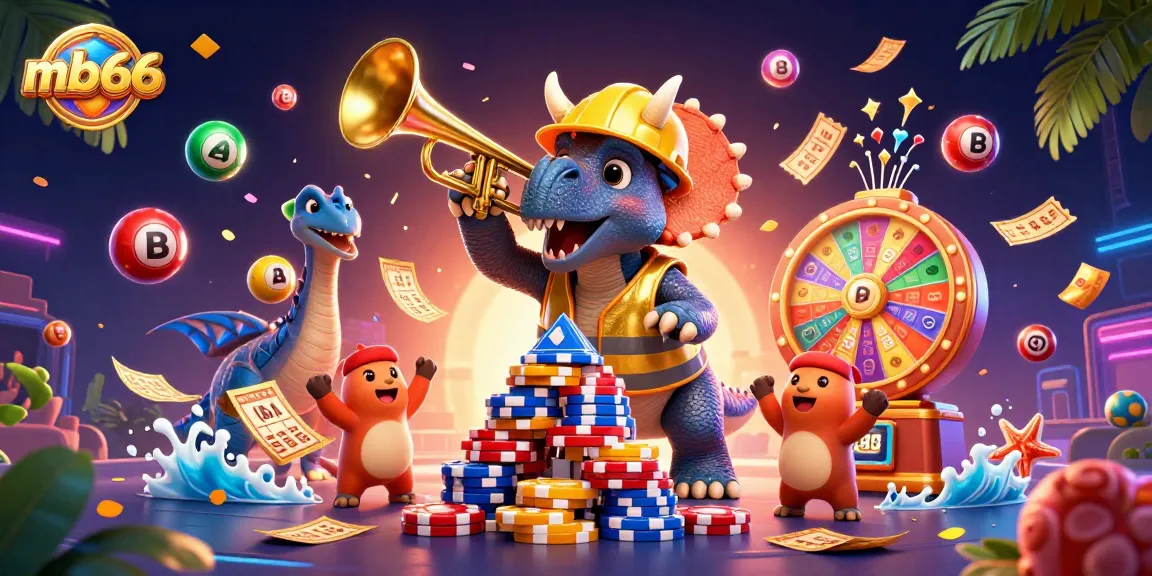 Engaging mb66 scene with triceratops and colorful casino elements celebrating gaming wins.
