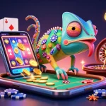 SUNWIN chameleon casino owner snatching golden coins while surrounded by vibrant gaming elements in a lively casino scene.