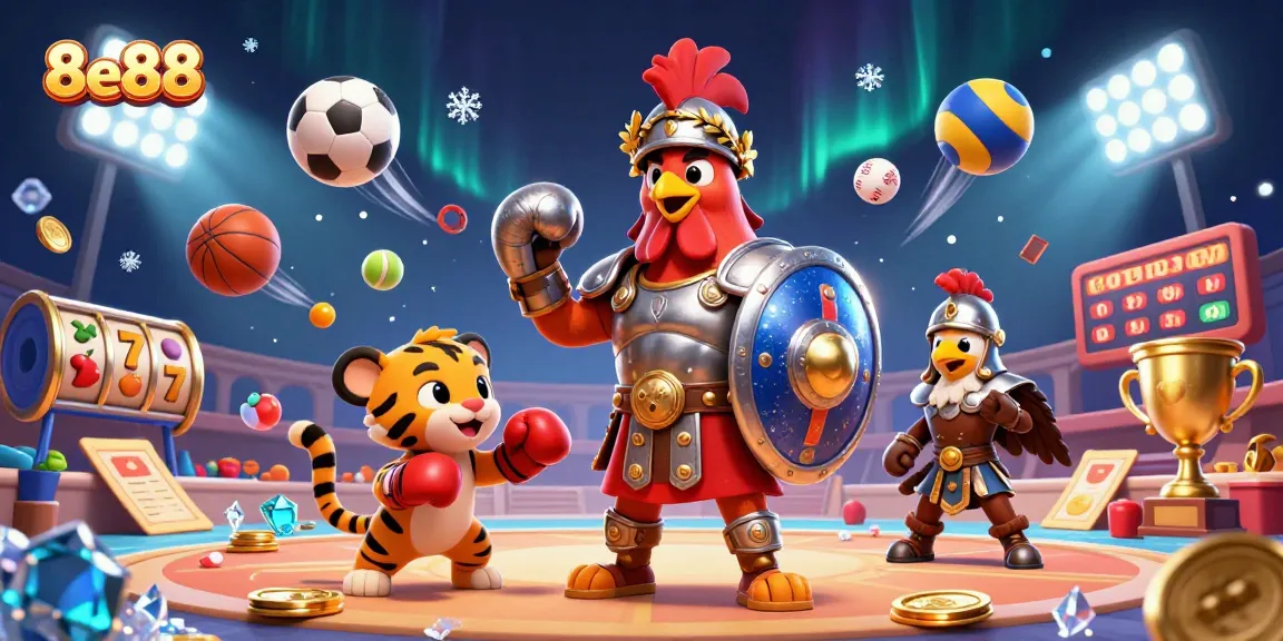 Engage in thrilling gaming with 8e88's dynamic casino illustration featuring vibrant characters and action.