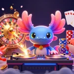 Experience the excitement of GO88 with neon axolotl DJ, shrimp dancers, and gold coins in a vibrant digital casino!