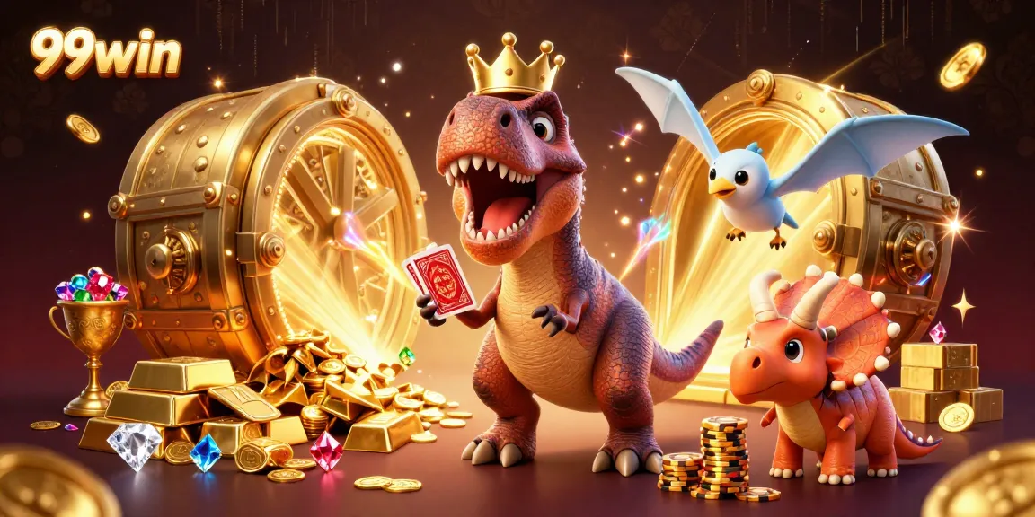Experience 99win live gaming with exciting cartoon characters and golden treasures amidst vibrant casino elements