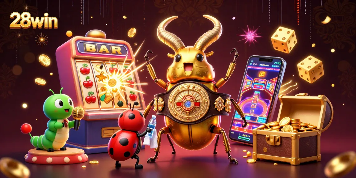 Experience thrilling gaming with 28win's vibrant casino scene featuring a giant stag beetle and dynamic game elements.