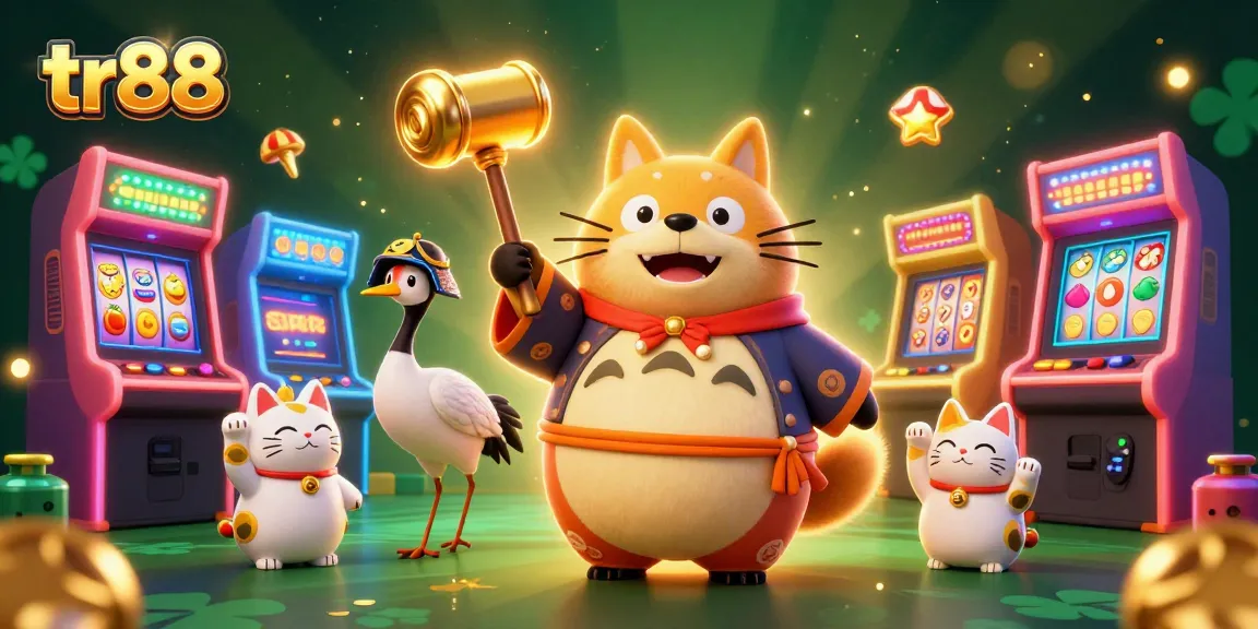 Engage in thrilling gameplay at TR88 with a vibrant 3D scene of lucky symbols and characters.