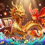 Experience exciting gameplay with u88 featuring dynamic slot reels, a golden dragon, and festive elements.