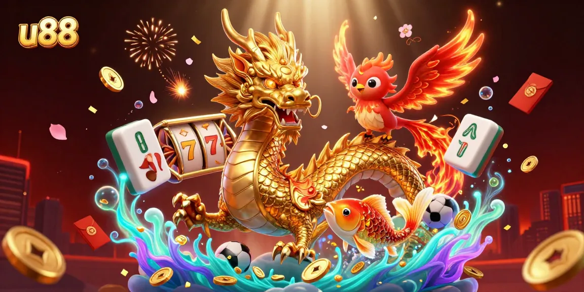 Experience exciting gameplay with u88 featuring dynamic slot reels, a golden dragon, and festive elements.