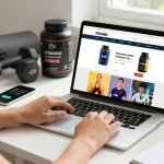 Steroide Boutique online shopping scene with fitness gear and a laptop browsing products in a bright workspace.