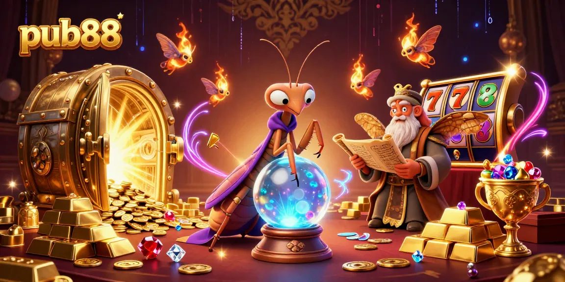 Experience the magic of pub88 with a dynamic casino scene featuring fortune tellers and treasure elements.