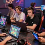 Engaging online gaming experience at 181bet with diverse group gamers immersed in various games.
