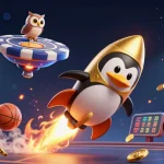 Experience the excitement of GK88 with a thrilling scene of a golden penguin racing towards a casino, amidst dynamic sports elements.