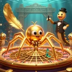 Engage in nk88's thrilling gaming adventures as a fly nervously bets at a roulette-inspired web.