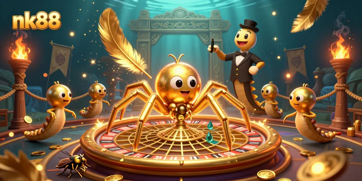 Engage in nk88's thrilling gaming adventures as a fly nervously bets at a roulette-inspired web.