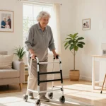 Buy nobility aids effectively in a bright, inviting home scene, showing an elderly person happily using a walker with mobility aids on display.