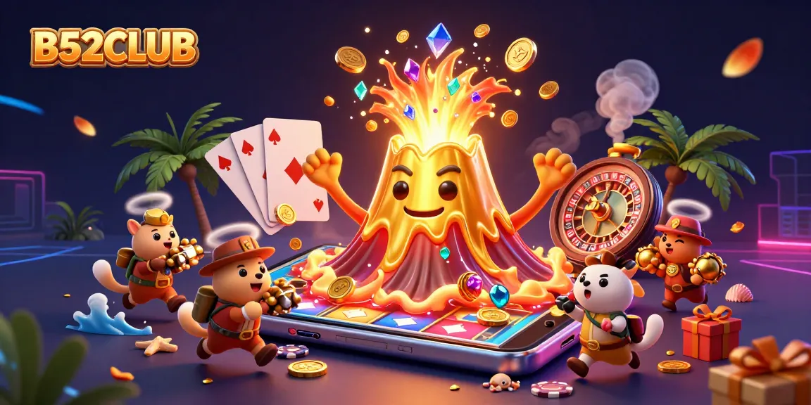 B52CLUB offers players a thrilling slot game experience with golden volcanoes, treasure hunters, and casino elements.