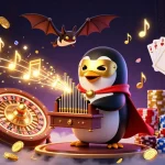 Experience the excitement of 77ABC with a whimsical phantom opera penguin amidst casino elements.