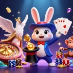 CWIN features a vibrant scene with a magician rabbit and a playful dove at a lively casino.