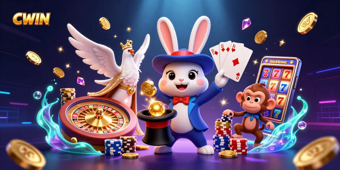 CWIN features a vibrant scene with a magician rabbit and a playful dove at a lively casino.