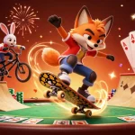 SUNWIN showcases thrilling gaming excitement as a fox and rabbit perform tricks above poker chips in a casino setting.