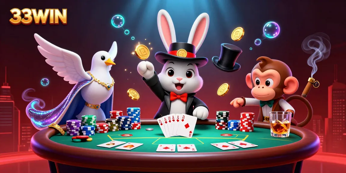 Experience the thrill of gaming at 33WIN with a magical casino illustration featuring poker and vibrant characters.