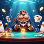 Socolive trực tiếp bóng đá scene with a jolly walrus and penguin dealer at an exciting underwater casino game.